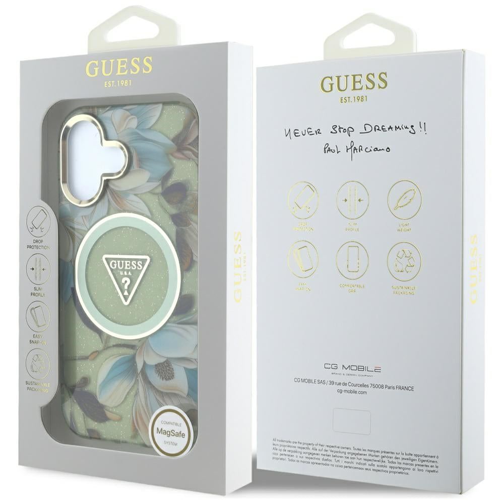 Husa MagSafe pentru Apple iPhone 16, Guess, IML Metal Glitter Flowers Triangle, Verde