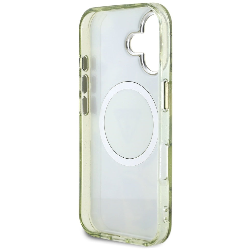 Husa MagSafe pentru Apple iPhone 16, Guess, IML Metal Glitter Flowers Triangle, Verde