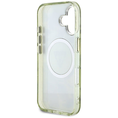 Husa MagSafe pentru Apple iPhone 16, Guess, IML Metal Glitter Flowers Triangle, Verde