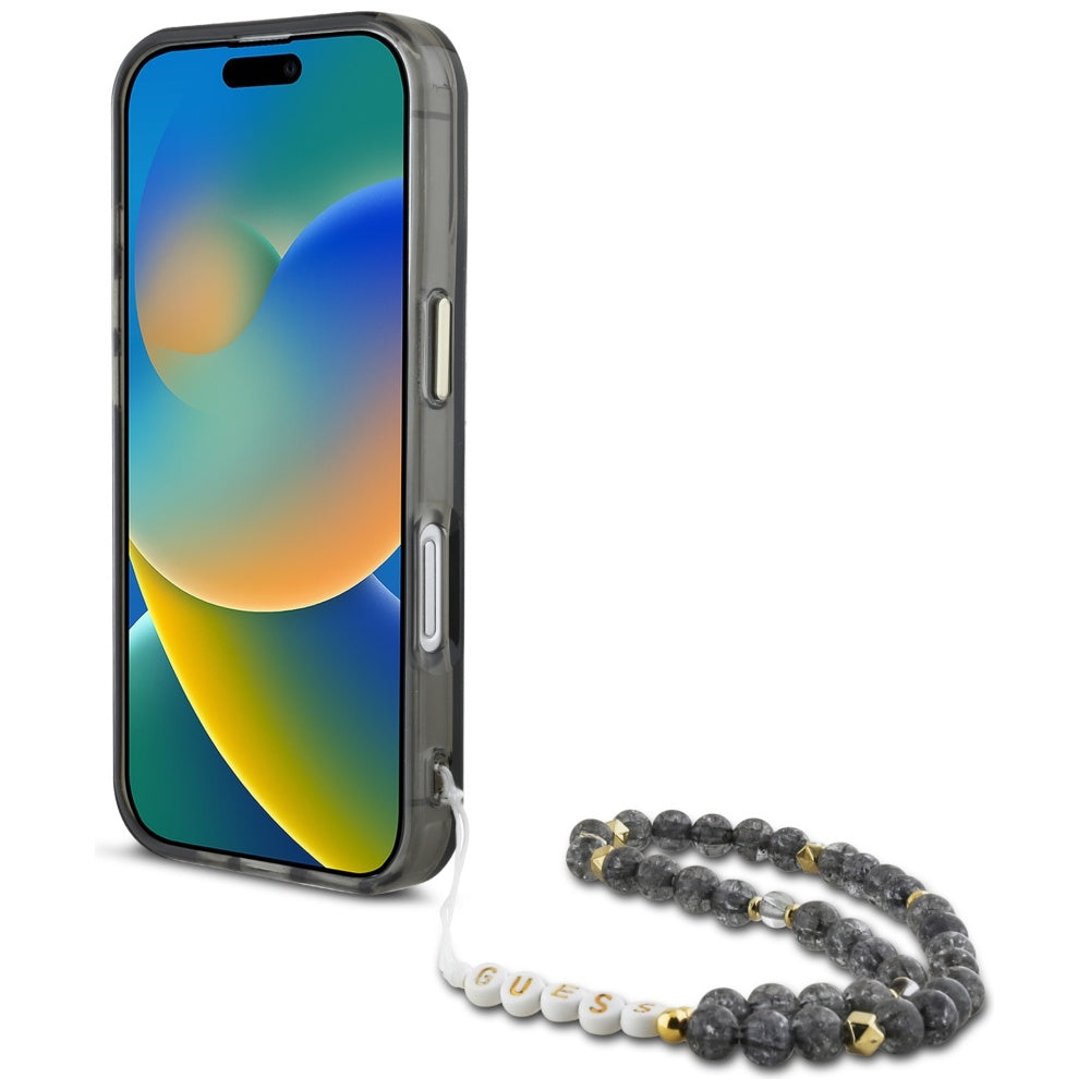 Husa MagSafe pentru Apple iPhone 16, Guess, IML Palm Trees Triangle with Pearl Strap, Neagra