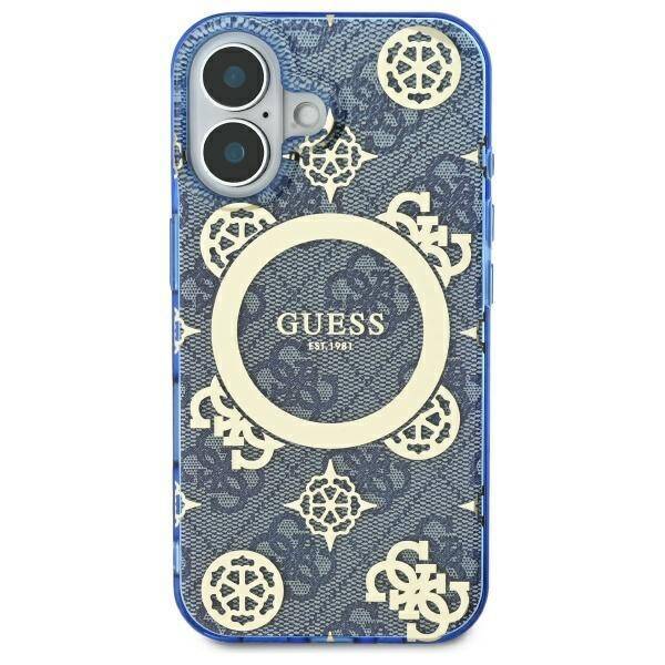 Husa MagSafe pentru Apple iPhone 16, Guess, IML Peony On 4G Background , Albastra