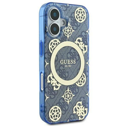Husa MagSafe pentru Apple iPhone 16, Guess, IML Peony On 4G Background , Albastra