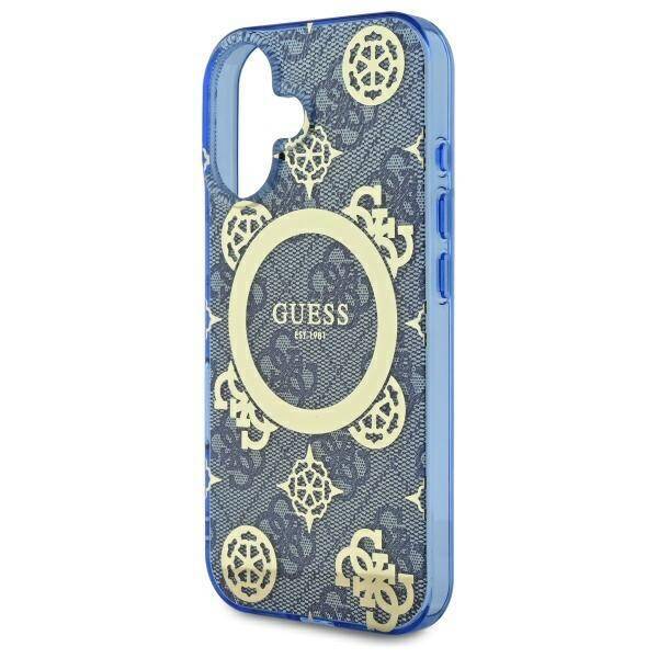 Husa MagSafe pentru Apple iPhone 16, Guess, IML Peony On 4G Background , Albastra