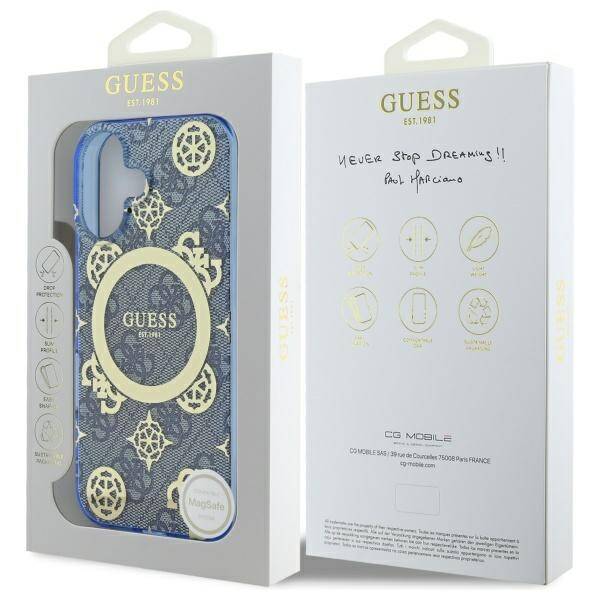 Husa MagSafe pentru Apple iPhone 16, Guess, IML Peony On 4G Background , Albastra