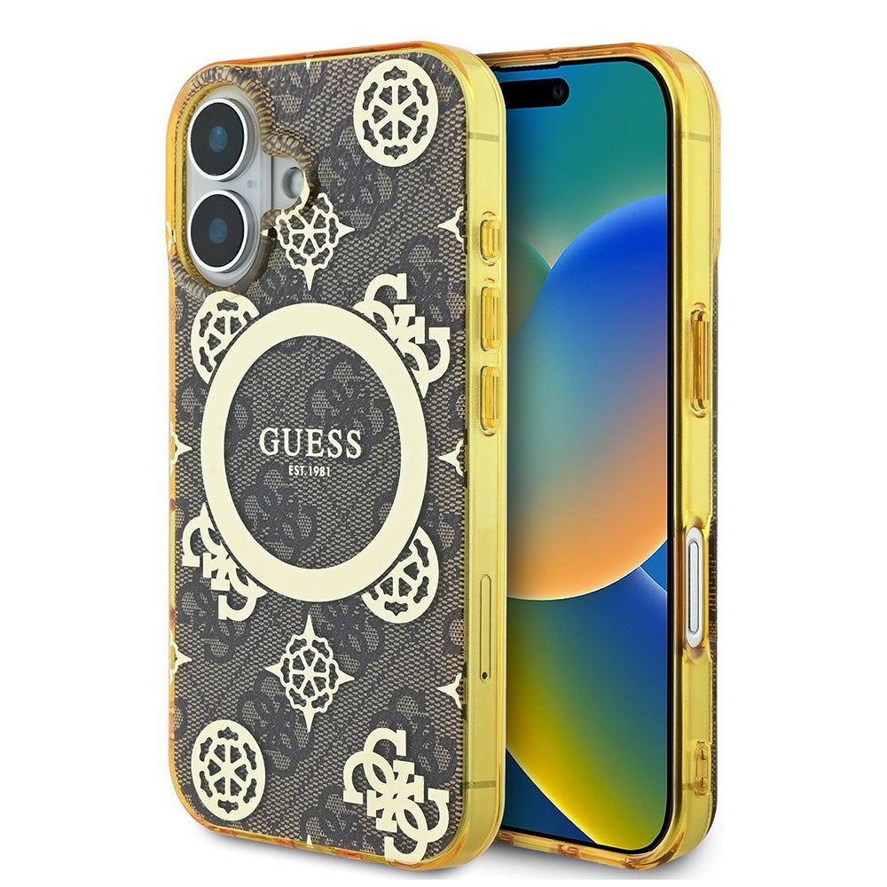 Husa MagSafe pentru Apple iPhone 16, Guess, IML Peony On 4G Background , Maro