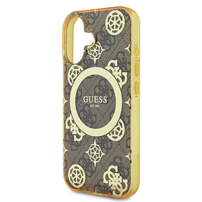 Husa MagSafe pentru Apple iPhone 16, Guess, IML Peony On 4G Background , Maro
