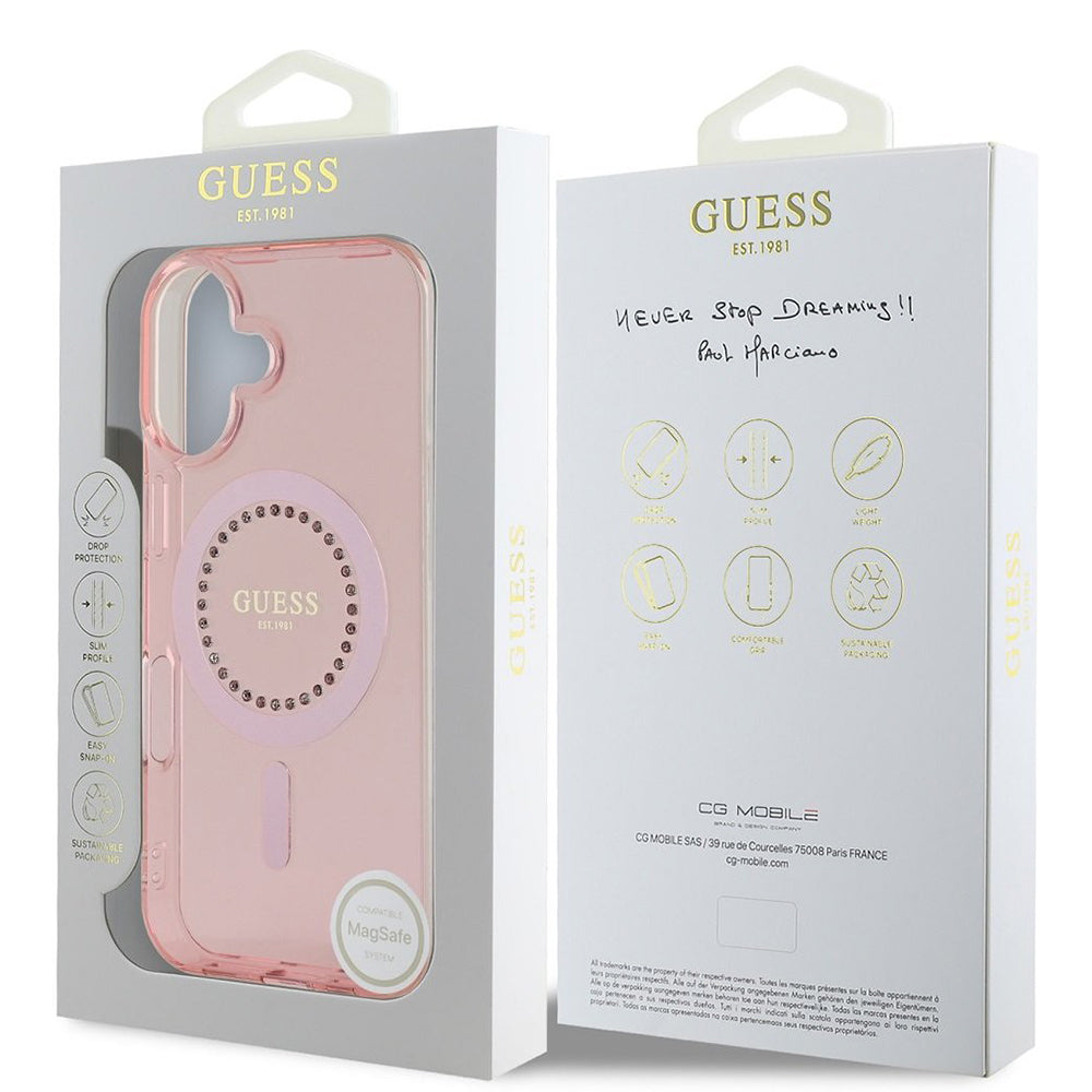 Husa MagSafe pentru Apple iPhone 16, Guess, IML Rhinestones Ring, Roz GUHMP16SPFTDTEP