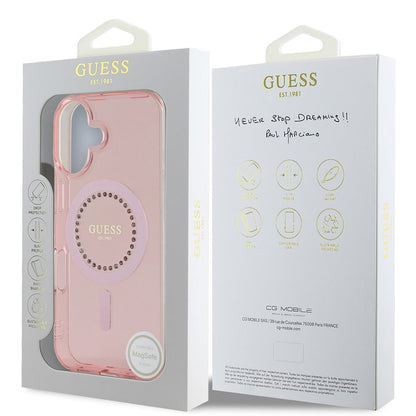 Husa MagSafe pentru Apple iPhone 16, Guess, IML Rhinestones Ring, Roz GUHMP16SPFTDTEP