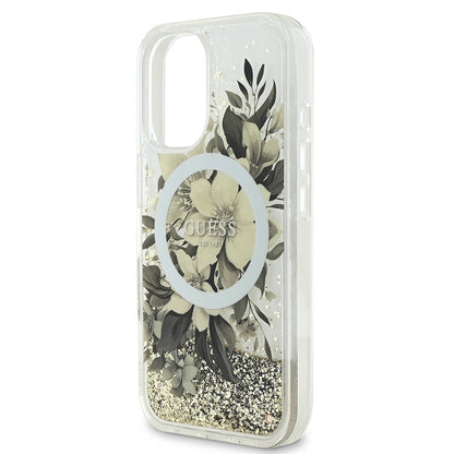 Husa MagSafe pentru Apple iPhone 16, Guess, Liquid Glitter Flower, Bej