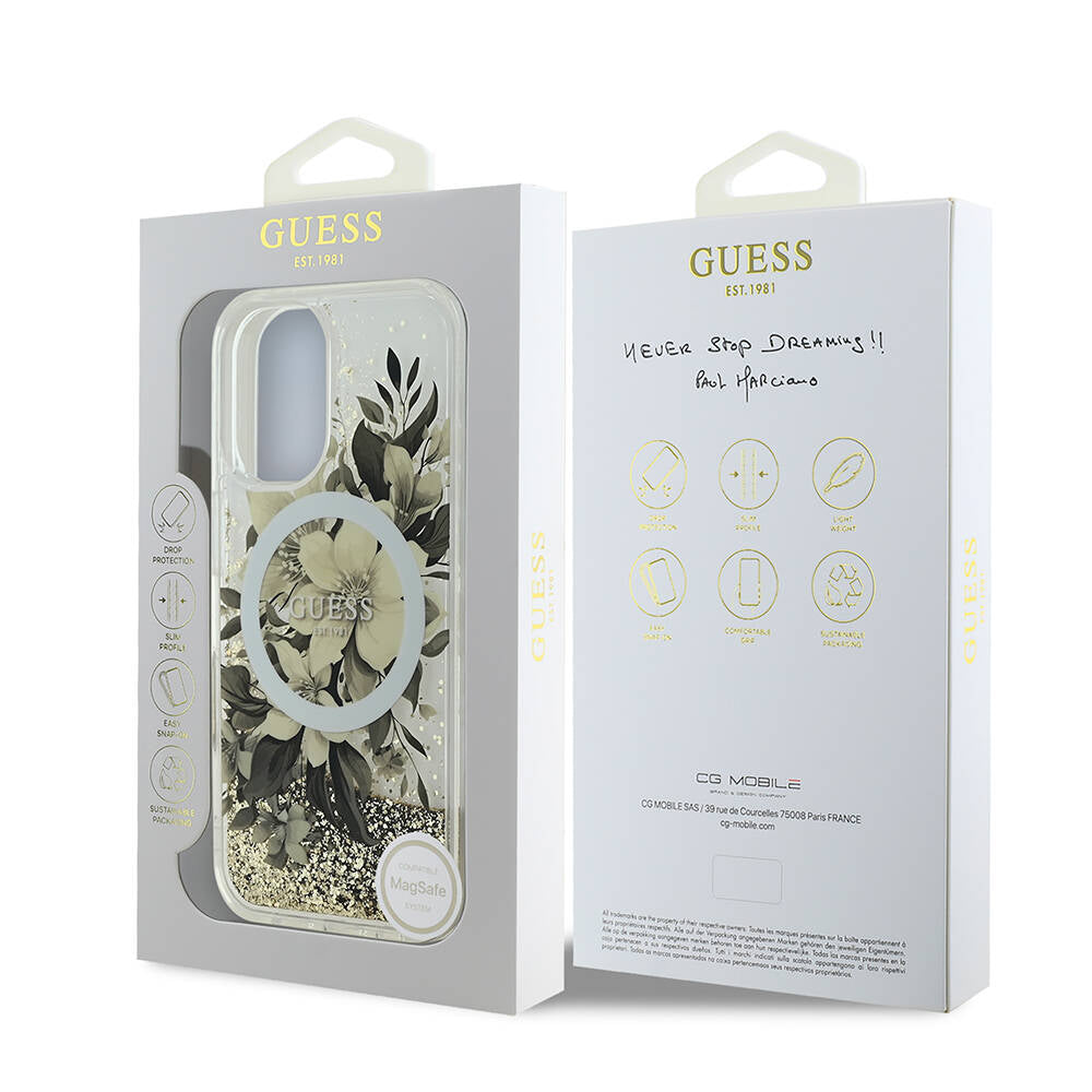 Husa MagSafe pentru Apple iPhone 16, Guess, Liquid Glitter Flower, Bej