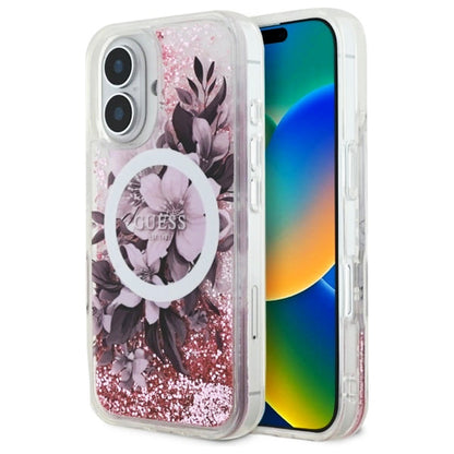 Husa MagSafe pentru Apple iPhone 16, Guess, Liquid Glitter Flower, Roz