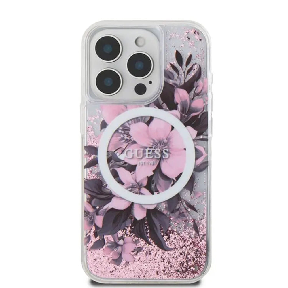 Husa MagSafe pentru Apple iPhone 16, Guess, Liquid Glitter Flower, Roz