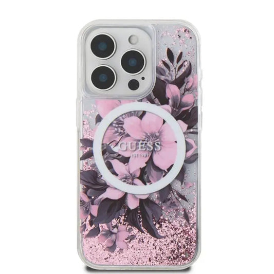 Husa MagSafe pentru Apple iPhone 16, Guess, Liquid Glitter Flower, Roz