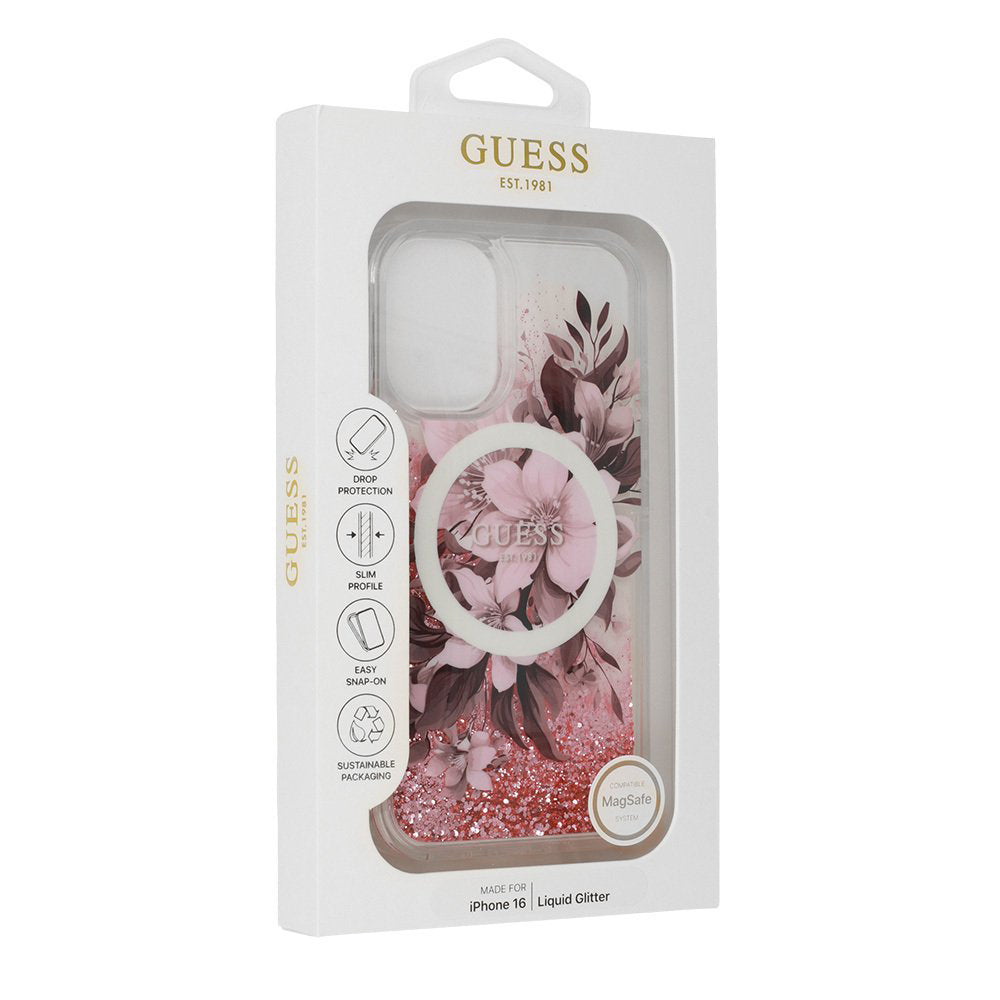 Husa MagSafe pentru Apple iPhone 16, Guess, Liquid Glitter Flower, Roz