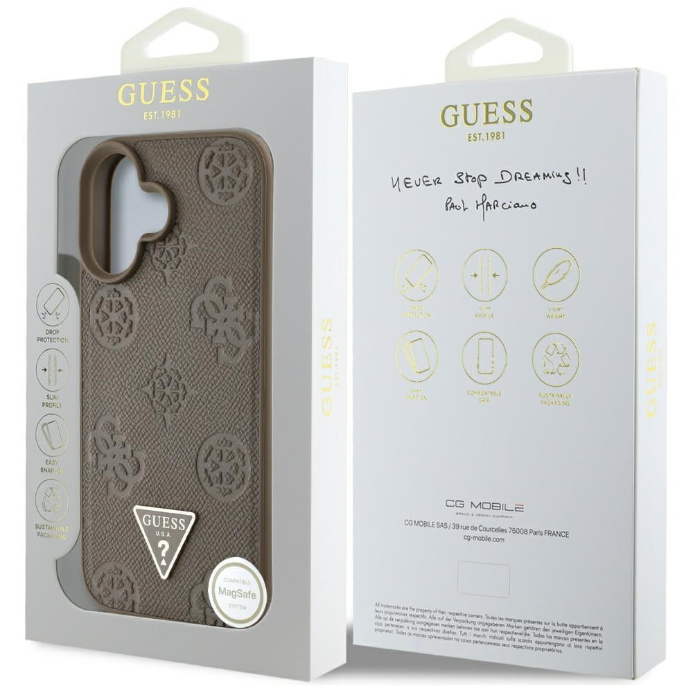 Husa MagSafe pentru Apple iPhone 16, Guess, Peony Grained Hot Stamp Triangle, Maro