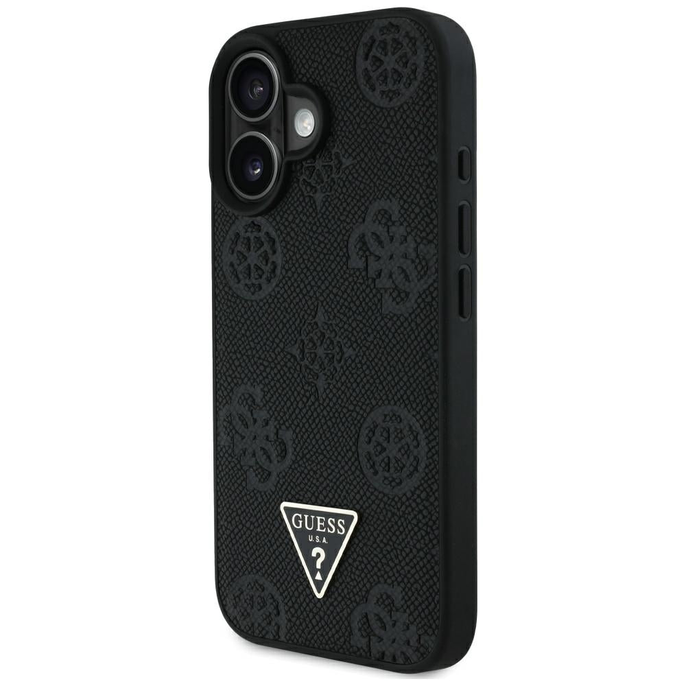 Husa MagSafe pentru Apple iPhone 16, Guess, Peony Grained Hot Stamp Triangle, Neagra
