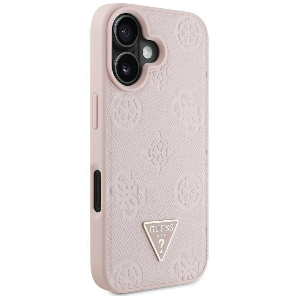 Husa MagSafe pentru Apple iPhone 16, Guess, Peony Grained Hot Stamp Triangle, Roz