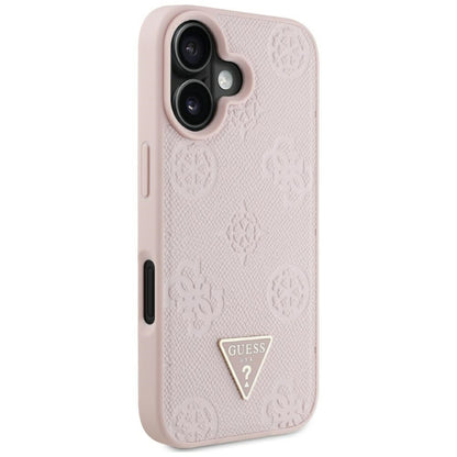 Husa MagSafe pentru Apple iPhone 16, Guess, Peony Grained Hot Stamp Triangle, Roz