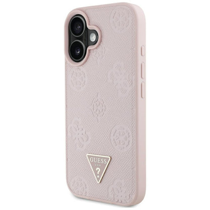 Husa MagSafe pentru Apple iPhone 16, Guess, Peony Grained Hot Stamp Triangle, Roz