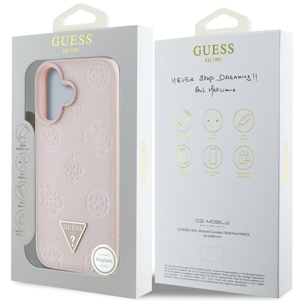 Husa MagSafe pentru Apple iPhone 16, Guess, Peony Grained Hot Stamp Triangle, Roz