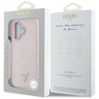 Husa MagSafe pentru Apple iPhone 16, Guess, Peony Grained Hot Stamp Triangle, Roz