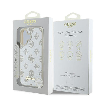 Husa MagSafe pentru Apple iPhone 16, Guess, Peony Script, Alba