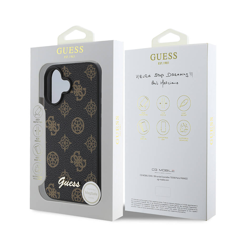 Husa MagSafe pentru Apple iPhone 16, Guess, Peony Script, Neagra