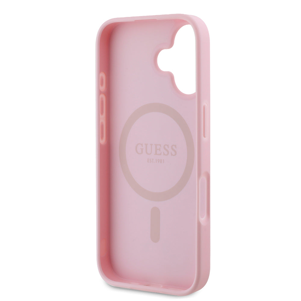 Husa MagSafe pentru Apple iPhone 16, Guess, Peony Script, Roz