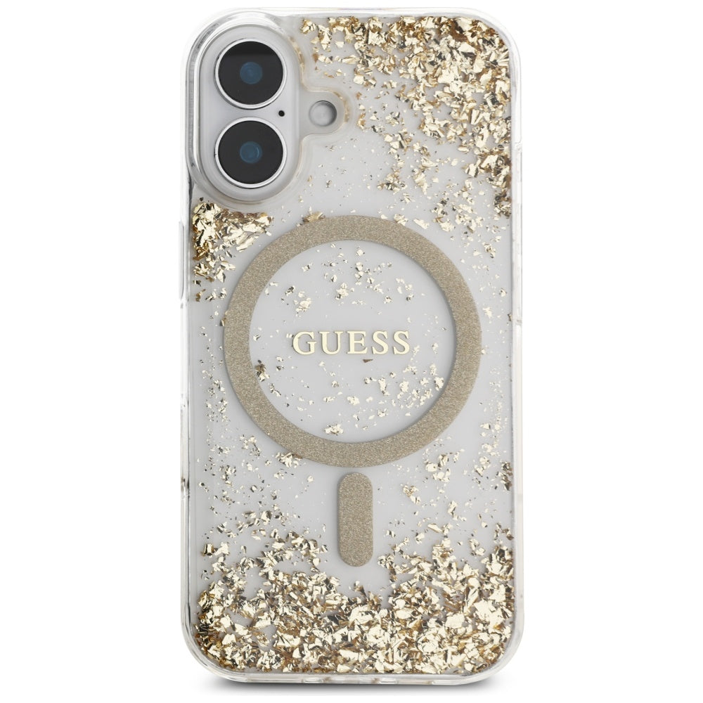 Husa MagSafe pentru Apple iPhone 16, Guess, Resin Bottom Glitter, Aurie