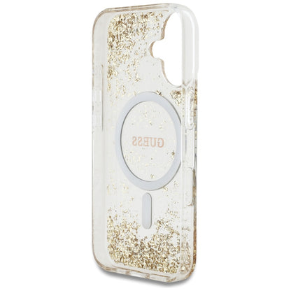 Husa MagSafe pentru Apple iPhone 16, Guess, Resin Bottom Glitter, Aurie