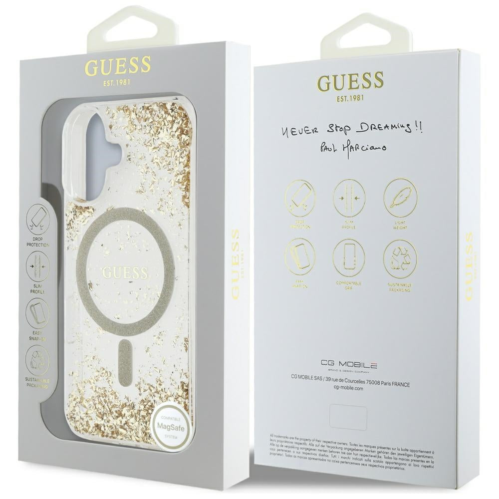 Husa MagSafe pentru Apple iPhone 16, Guess, Resin Bottom Glitter, Aurie
