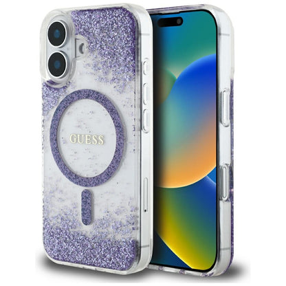 Husa MagSafe pentru Apple iPhone 16, Guess, Resin Bottom Glitter, Mov