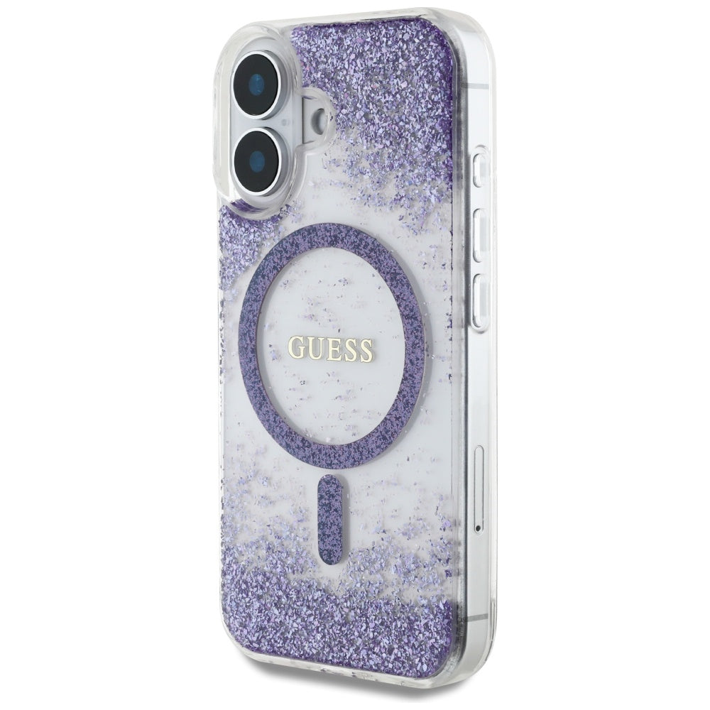 Husa MagSafe pentru Apple iPhone 16, Guess, Resin Bottom Glitter, Mov