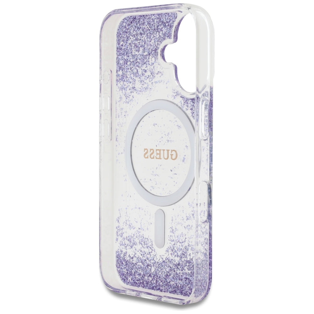 Husa MagSafe pentru Apple iPhone 16, Guess, Resin Bottom Glitter, Mov