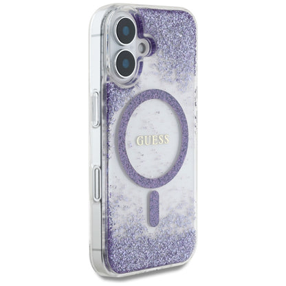 Husa MagSafe pentru Apple iPhone 16, Guess, Resin Bottom Glitter, Mov
