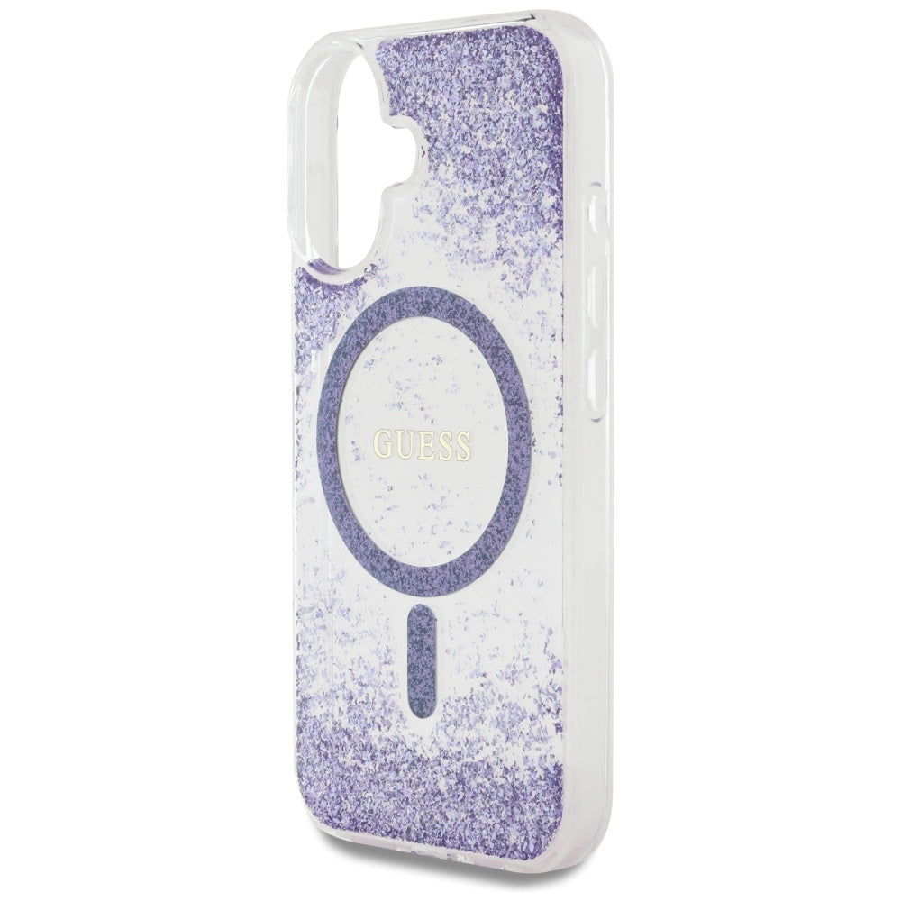 Husa MagSafe pentru Apple iPhone 16, Guess, Resin Bottom Glitter, Mov