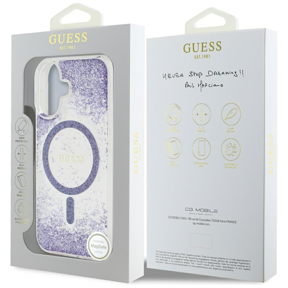 Husa MagSafe pentru Apple iPhone 16, Guess, Resin Bottom Glitter, Mov
