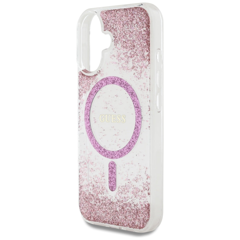 Husa MagSafe pentru Apple iPhone 16, Guess, Resin Bottom Glitter, Roz