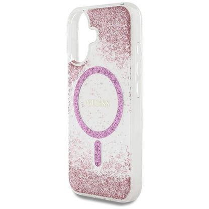Husa MagSafe pentru Apple iPhone 16, Guess, Resin Bottom Glitter, Roz