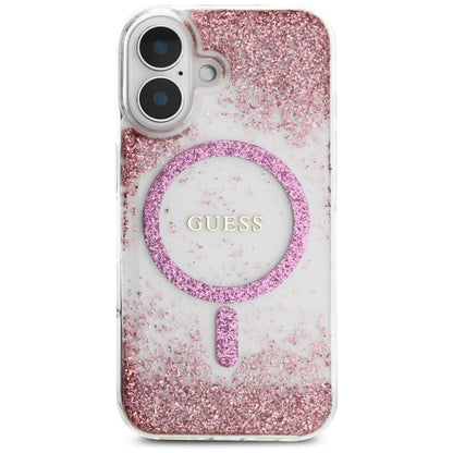 Husa MagSafe pentru Apple iPhone 16, Guess, Resin Bottom Glitter, Roz