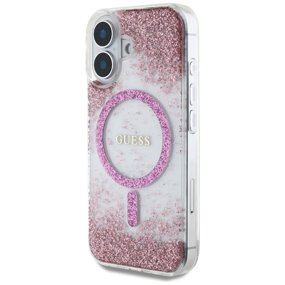 Husa MagSafe pentru Apple iPhone 16, Guess, Resin Bottom Glitter, Roz