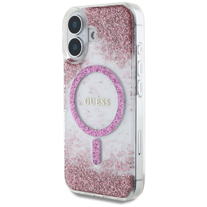 Husa MagSafe pentru Apple iPhone 16, Guess, Resin Bottom Glitter, Roz