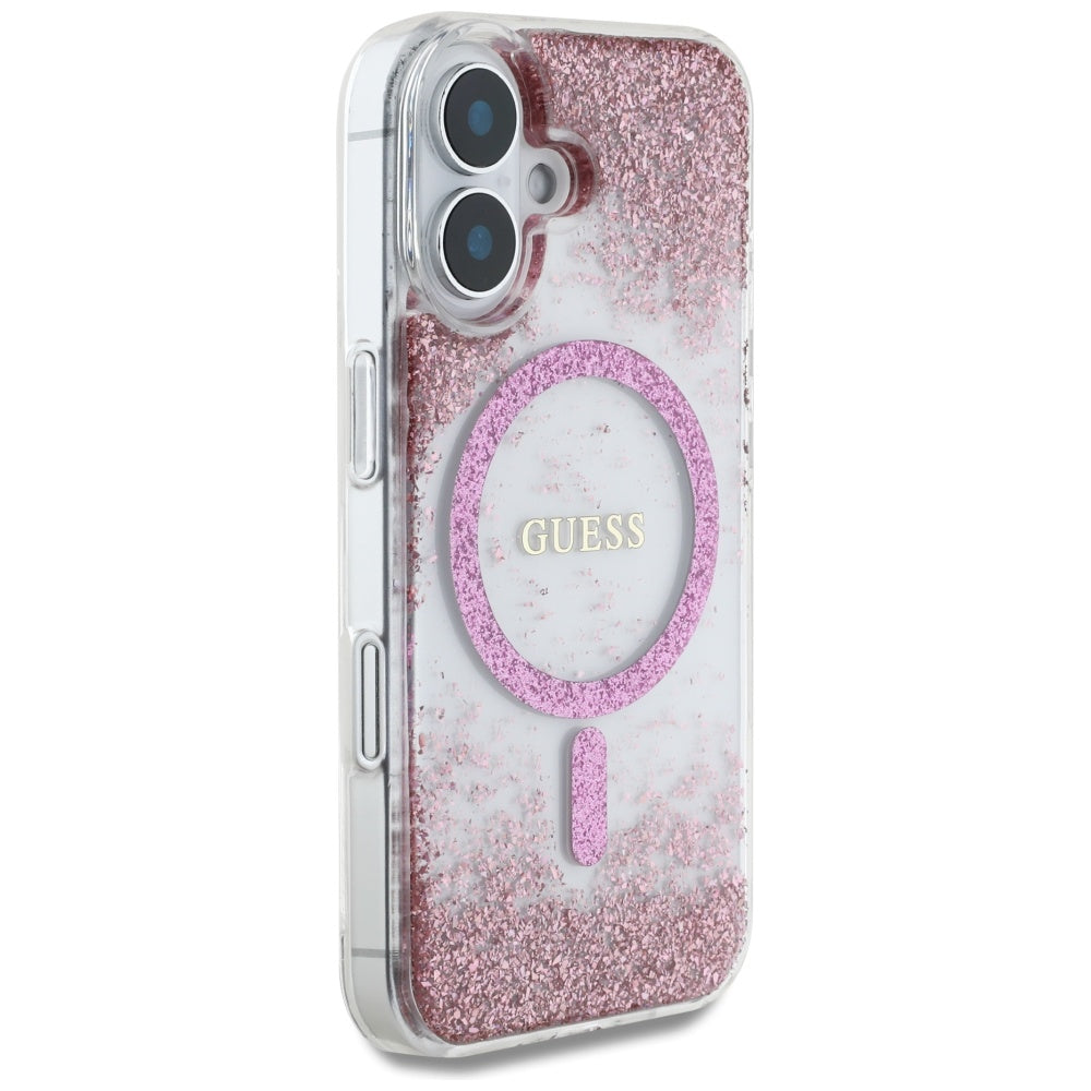 Husa MagSafe pentru Apple iPhone 16, Guess, Resin Bottom Glitter, Roz