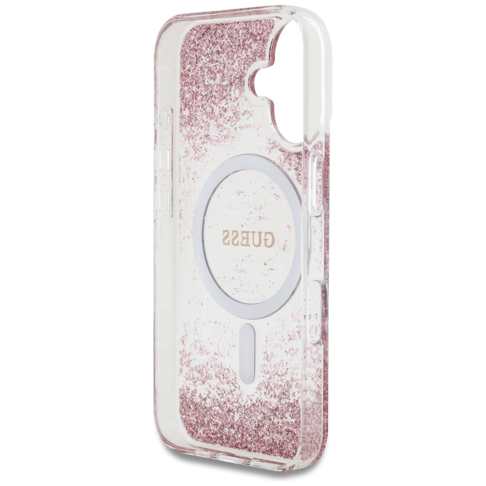 Husa MagSafe pentru Apple iPhone 16, Guess, Resin Bottom Glitter, Roz
