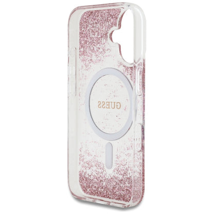 Husa MagSafe pentru Apple iPhone 16, Guess, Resin Bottom Glitter, Roz