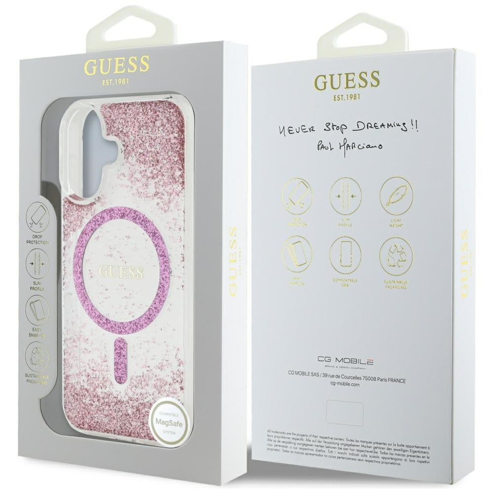 Husa MagSafe pentru Apple iPhone 16, Guess, Resin Bottom Glitter, Roz