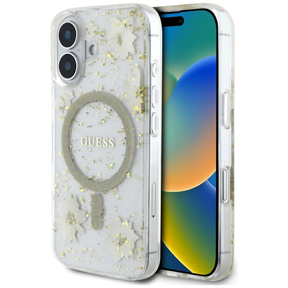 Husa MagSafe pentru Apple iPhone 16, Guess, Resin Flowers and Glitter, Bej