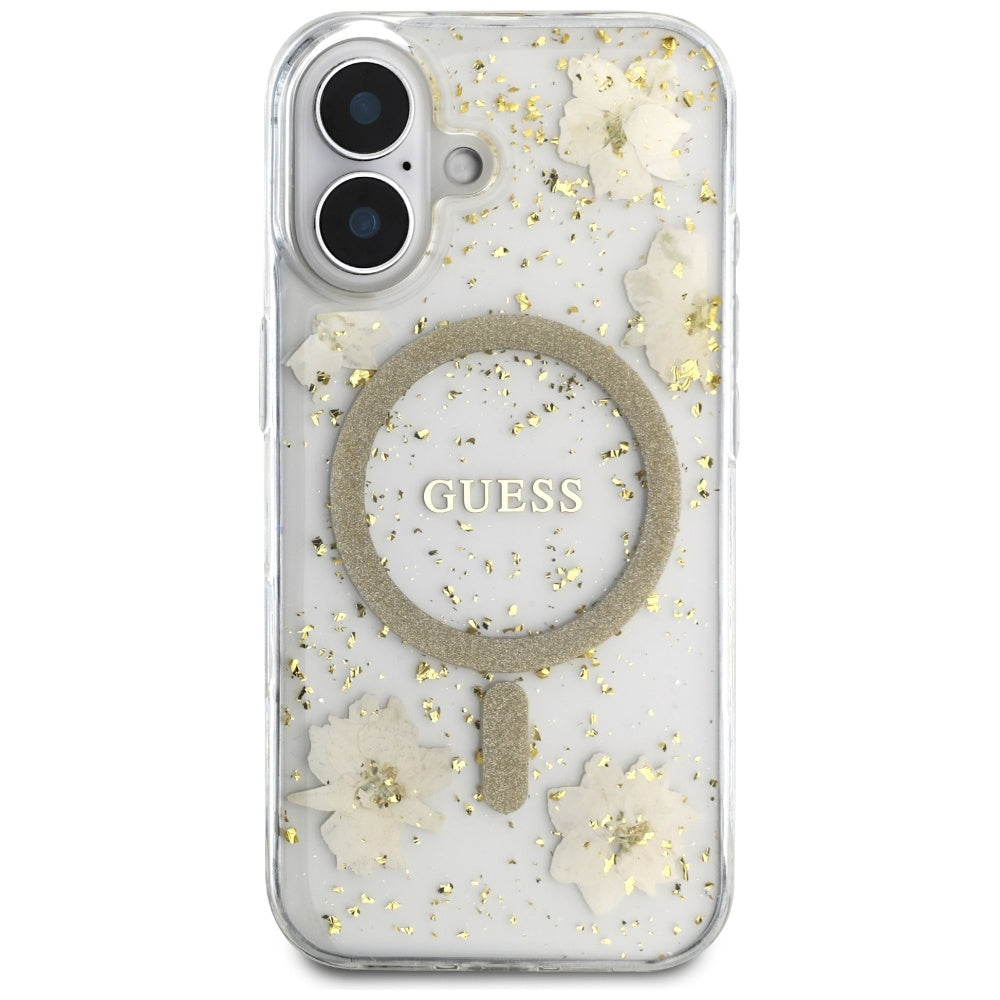 Husa MagSafe pentru Apple iPhone 16, Guess, Resin Flowers and Glitter, Bej