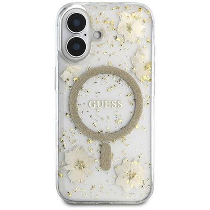 Husa MagSafe pentru Apple iPhone 16, Guess, Resin Flowers and Glitter, Bej