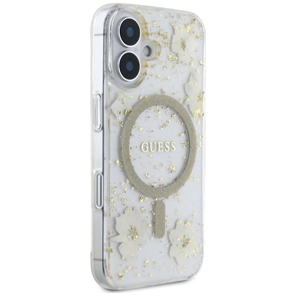 Husa MagSafe pentru Apple iPhone 16, Guess, Resin Flowers and Glitter, Bej